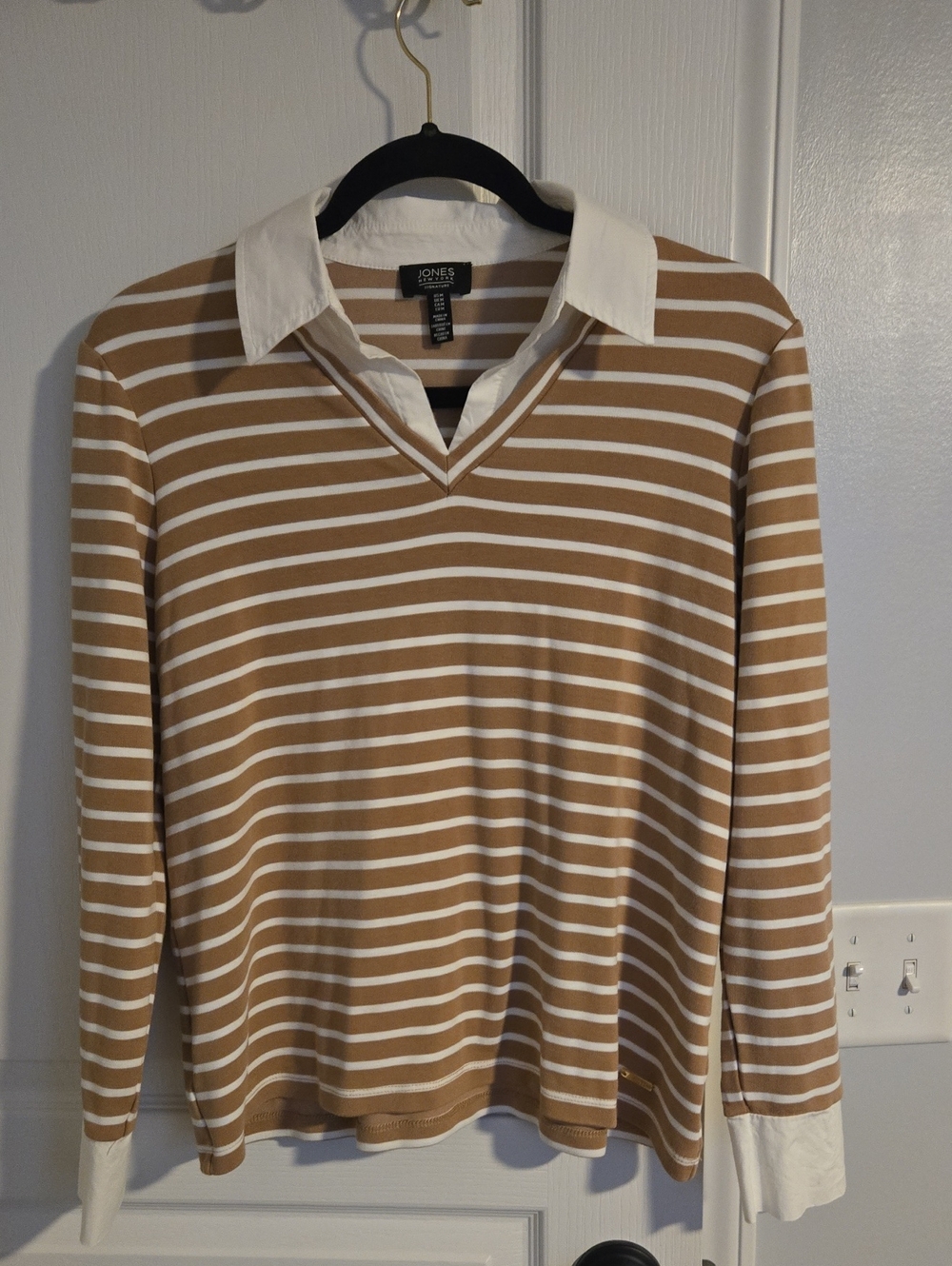 Jones New York Tan and White Striped Collared V-Neck Shirt
